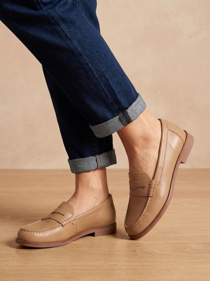 Women's Leather Flats, Elegant Penny Slip-On in Khaki