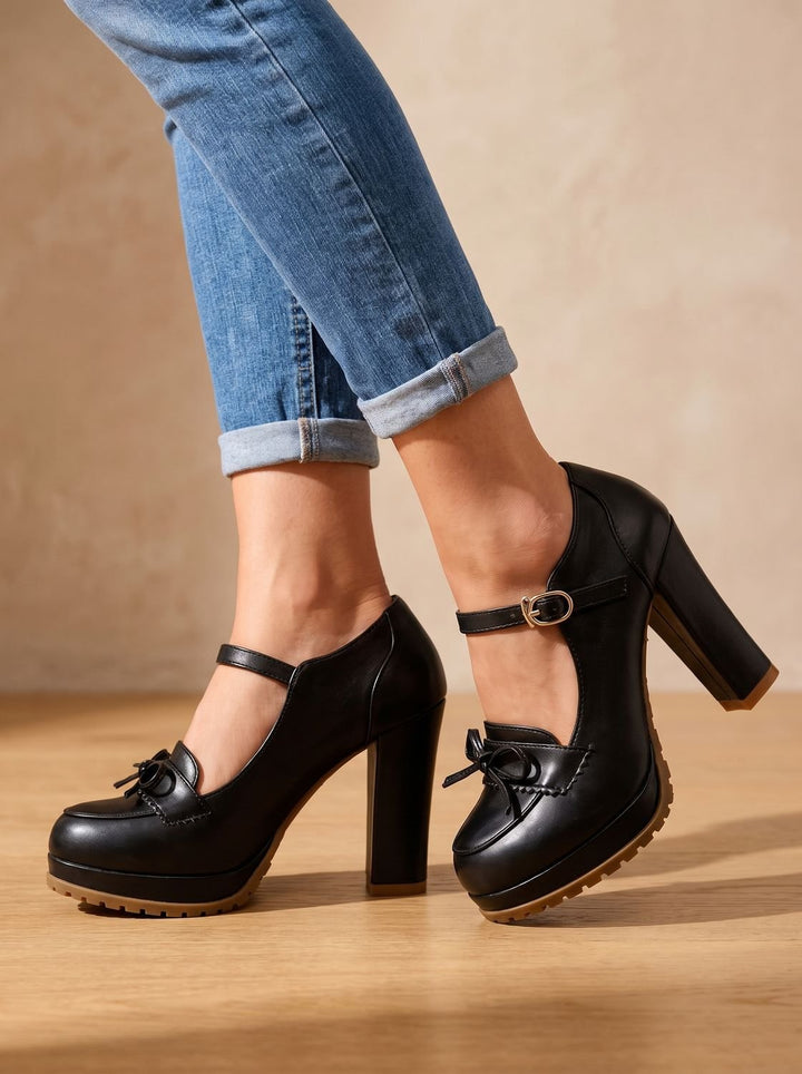 Women's Leather Flats Mary Jane Block-Heel Pumps