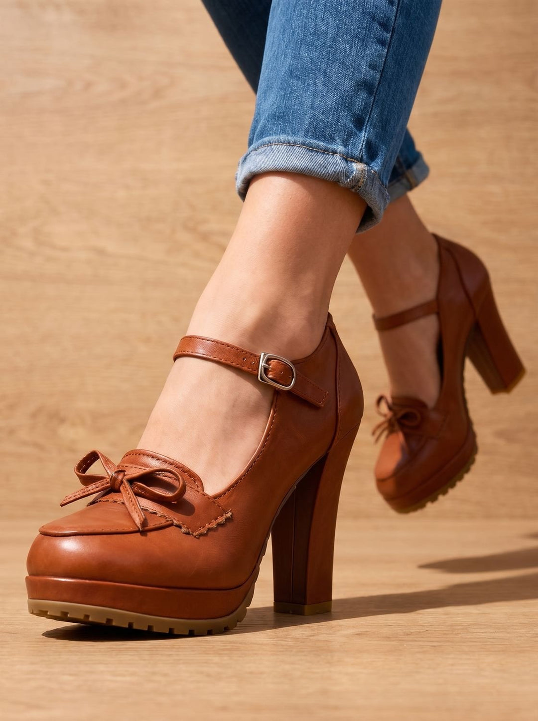 Women's Leather Flats Mary Jane Block-Heel Pumps (3)