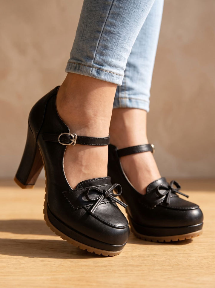 Women's Leather Flats Mary Jane Block-Heel Pumps in Black