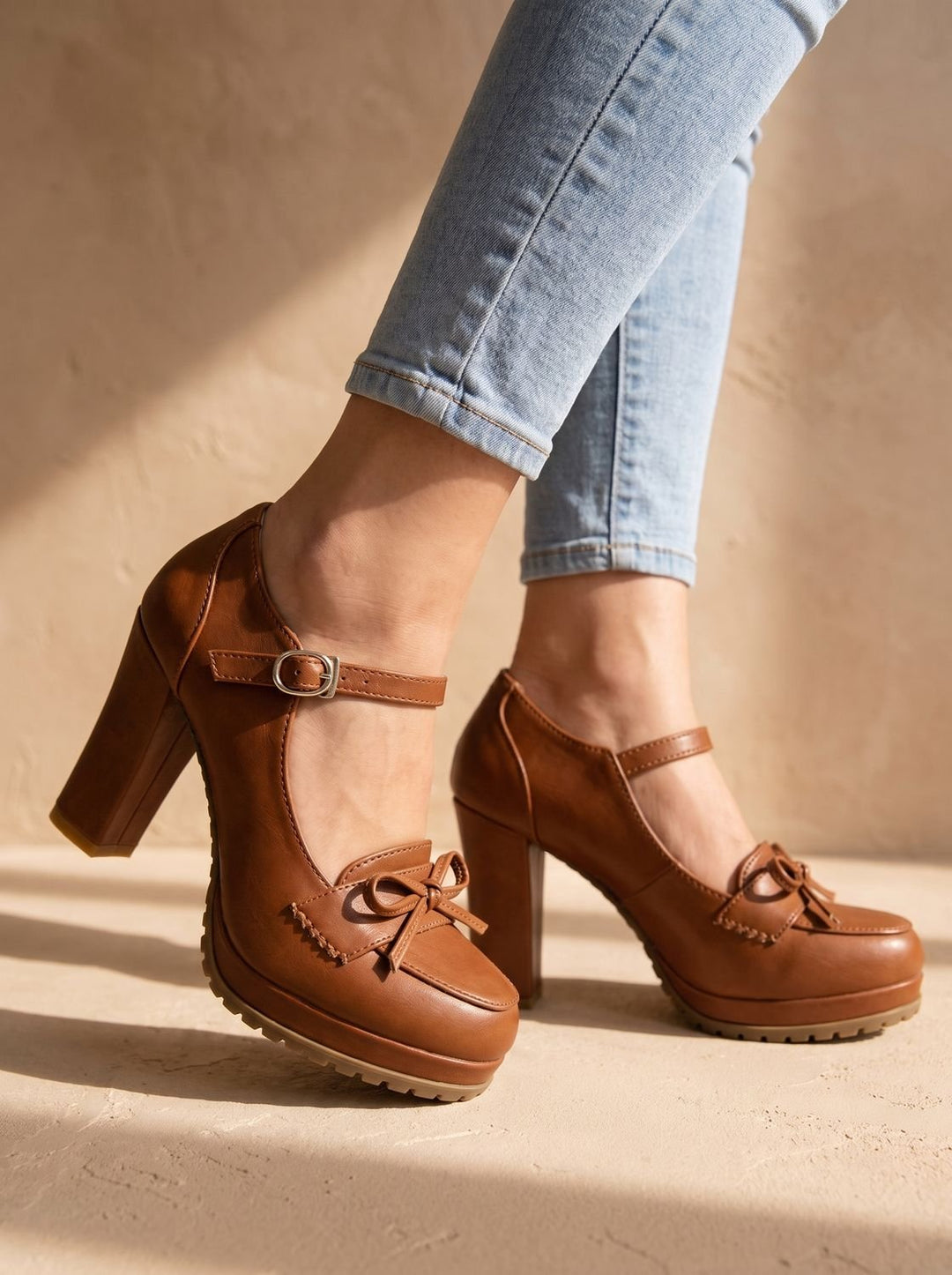 Women's Leather Flats Mary Jane Block-Heel Pumps in Brown