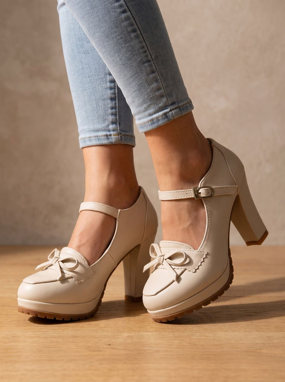 Women's Leather Flats Mary Jane Block-Heel Pumps in Cream