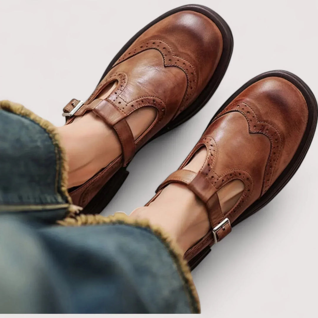Women's Leather Flats Mary Jane Elegant Everyday in Brown