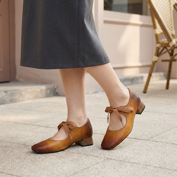 Women's Leather Flats Mary Jane Shoes in Brown 3