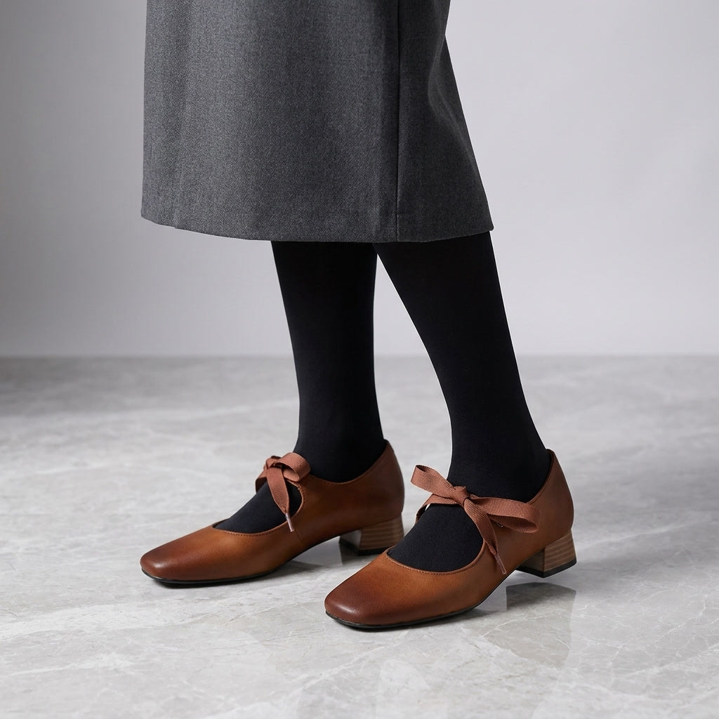 Women's Leather Flats Mary Jane Shoes in Brown 4