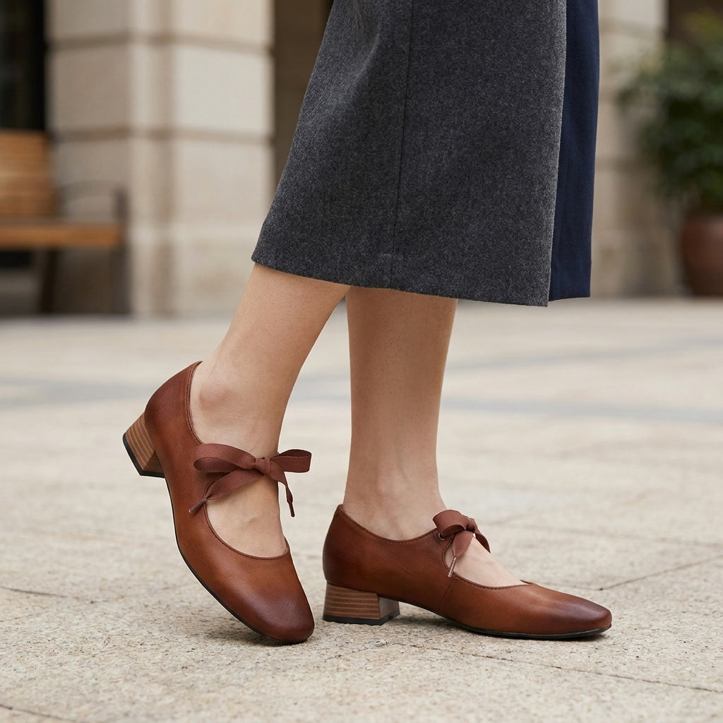 Women's Leather Flats Mary Jane Shoes in Brown 5