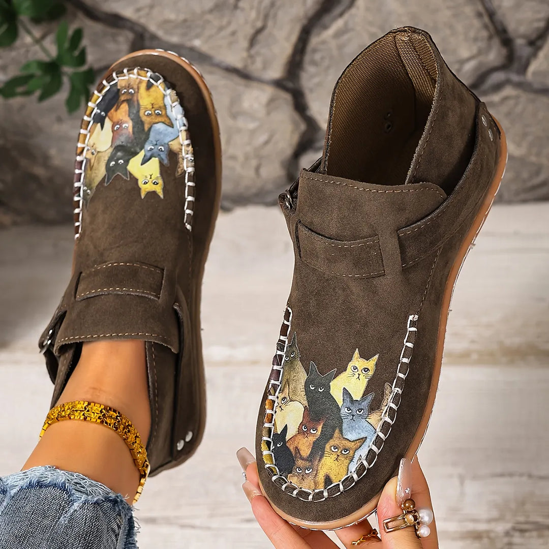 Women's Leather Flats Slip-On with Buckle in Brown
