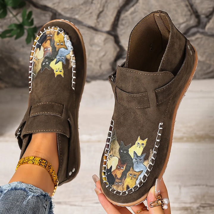 Women's Leather Flats Slip-On with Buckle in Brown