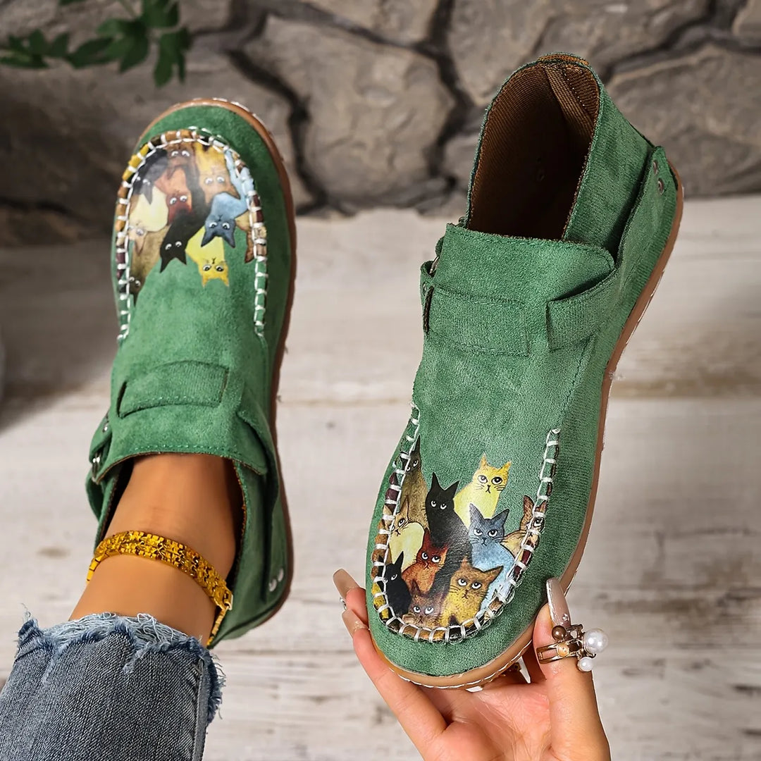 Women's Leather Flats Slip-On with Buckle in Green