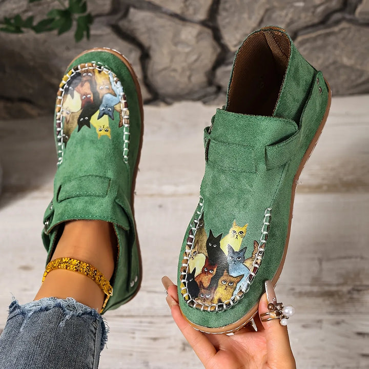 Women's Leather Flats Slip-On with Buckle in Green