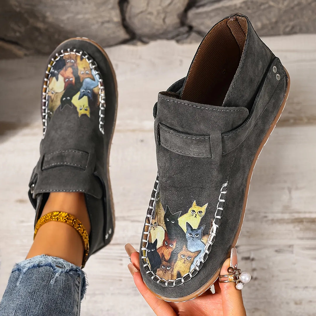 Women's Leather Flats Slip-On with Buckle in Grey