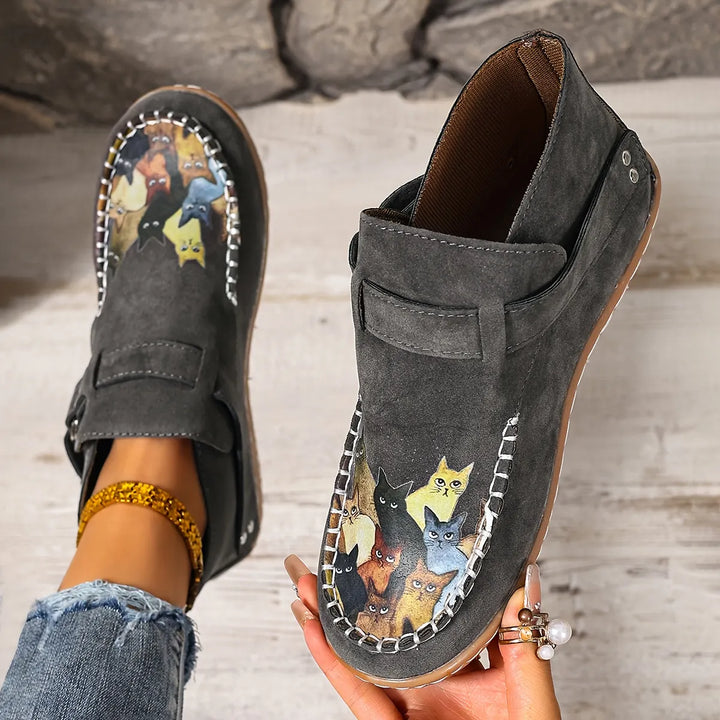 Women's Leather Flats Slip-On with Buckle in Grey