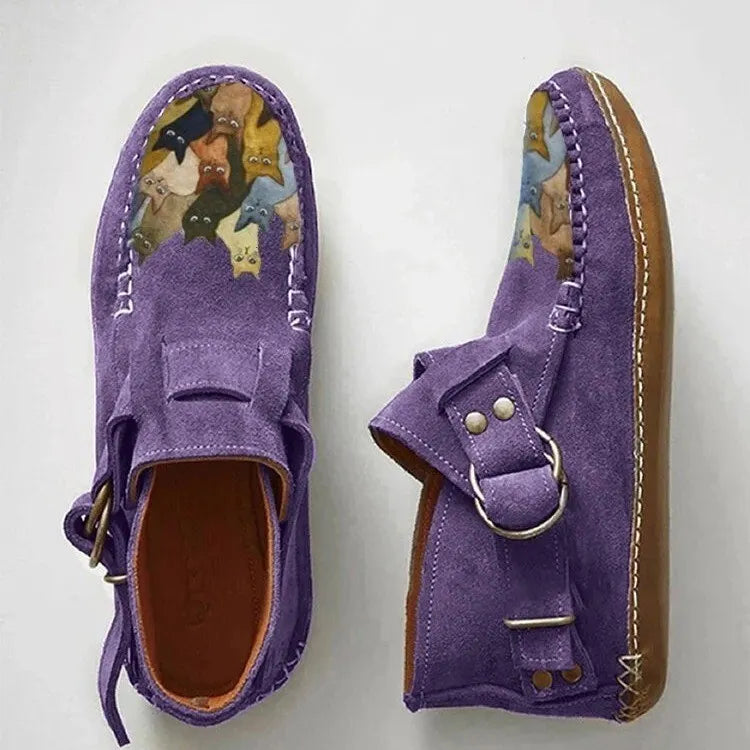 Women's Leather Flats Slip-On with Buckle in Purple