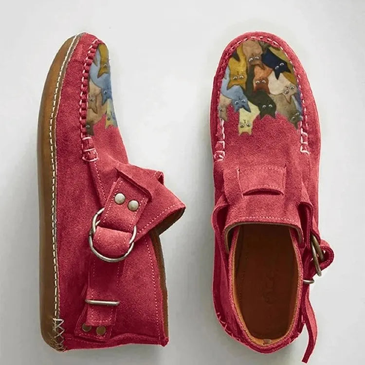 Women's Leather Flats Slip-On with Buckle in Red