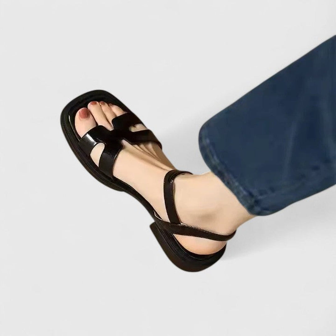 Women's Leather Flats with Adjustable Buckle Strap in Black