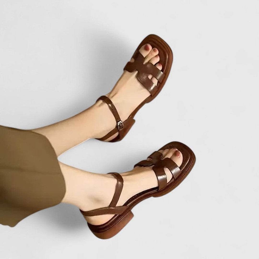 Women's Leather Flats with Adjustable Buckle Strap in Brown