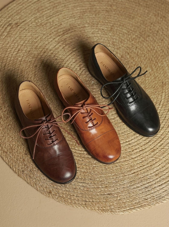 Women's Leather Flats with Classic Cap-Toe Design in Brown