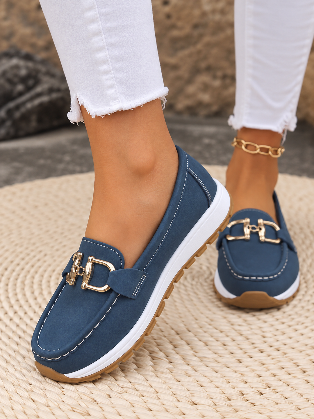 Women's Leather Flats with Elegant Buckle in Blue