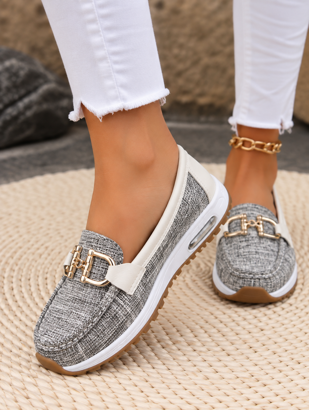 Women's Leather Flats with Elegant Buckle in Grey
