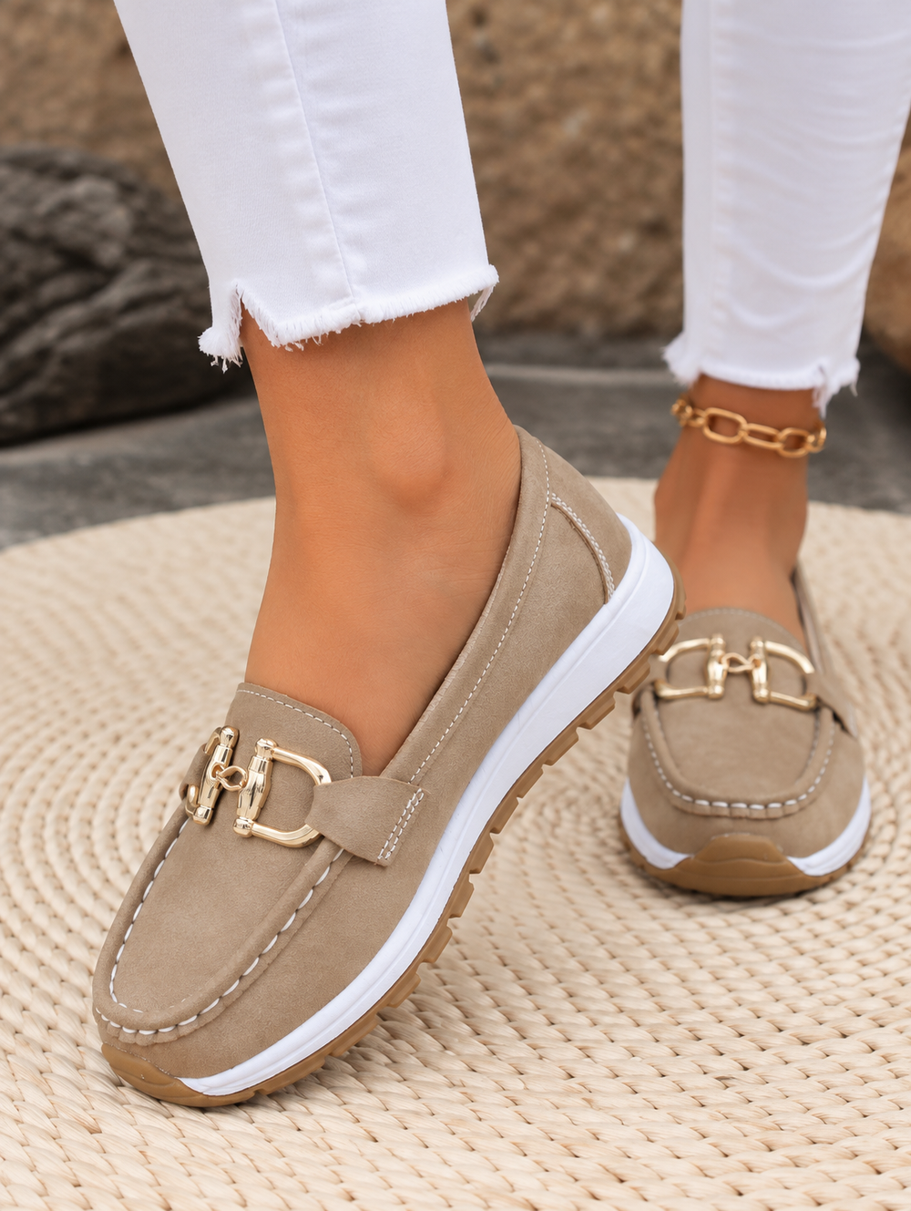 Women's Leather Flats with Elegant Buckle in Khaki