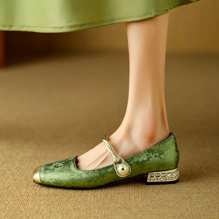 Women's Leather Flats with Embroidered Detail in Bamboo Green