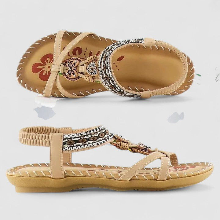 Women's Leather Flats with Ethnic Embroidery in Beige