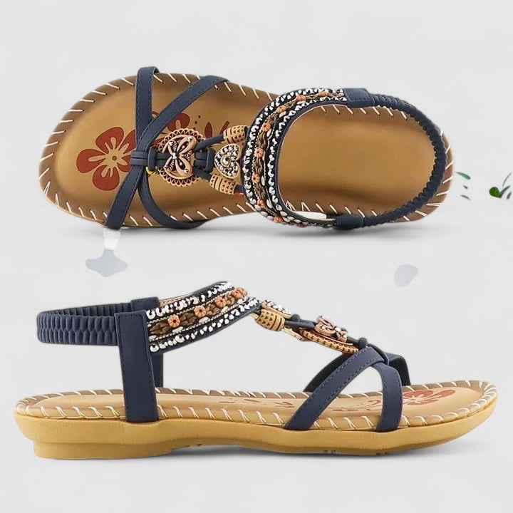 Women's Leather Flats with Ethnic Embroidery in Blue