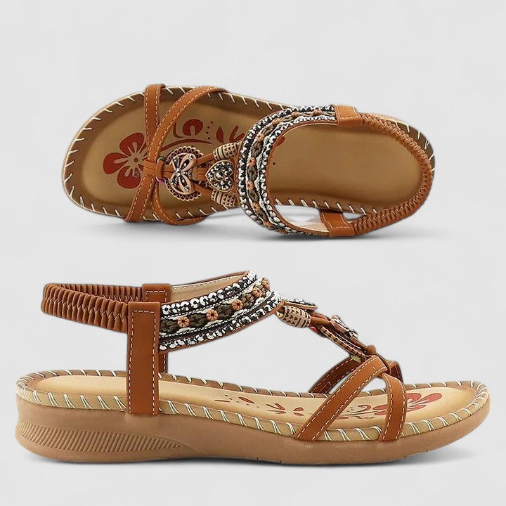 Women's Leather Flats with Ethnic Embroidery in Brown