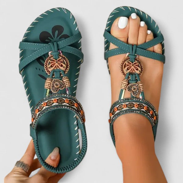 Women's Leather Flats with Ethnic Embroidery in Green