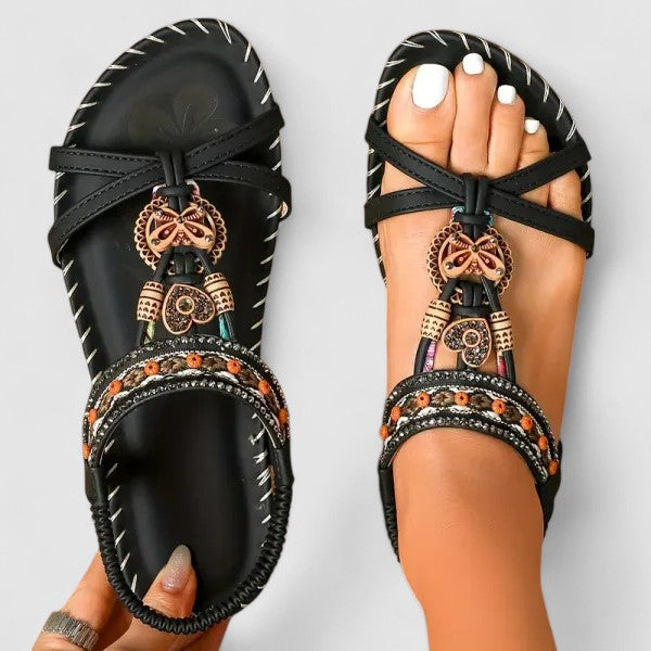 Women's Leather Flats with Ethnic Embroidery in Grey