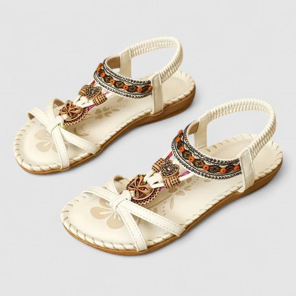 Women's Leather Flats with Ethnic Embroidery in White