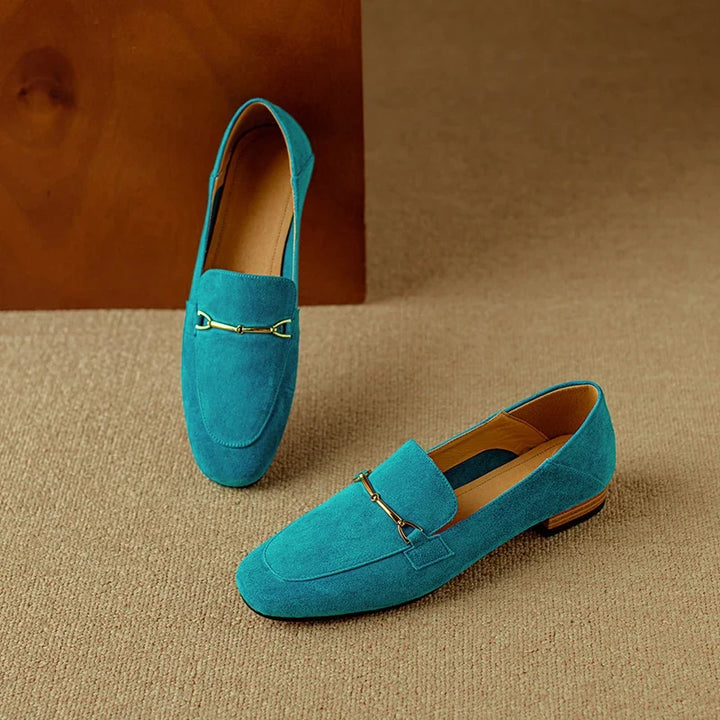 Women's Leather Flats with Hand-Stitched Buckle in Aqua Blue