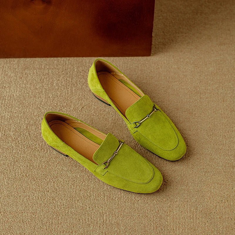Women's Leather Flats with Hand-Stitched Buckle in Bright Olive