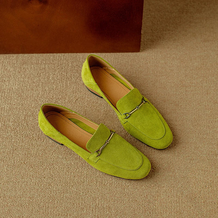 Women's Leather Flats with Hand-Stitched Buckle in Bright Olive