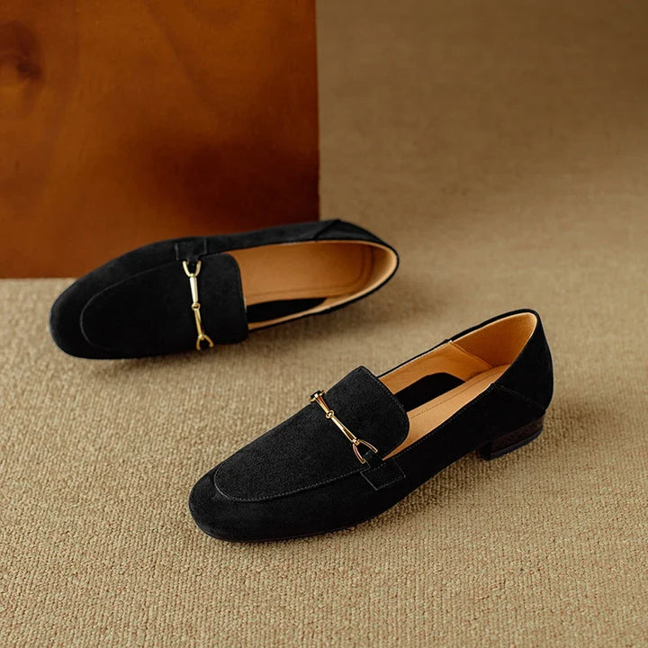Women's Leather Flats with Hand-Stitched Buckle in Raven Black