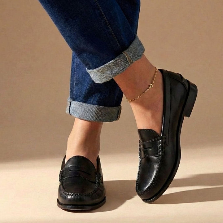 Women's Leather Flats with Handcrafted Penny Details in Black