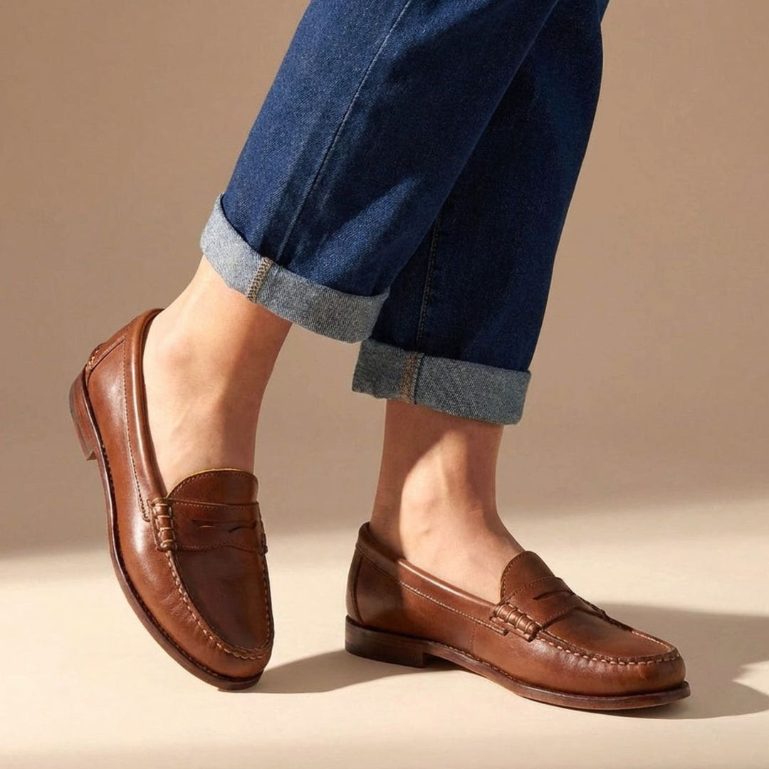 Women's Leather Flats with Handcrafted Penny Details in Brown