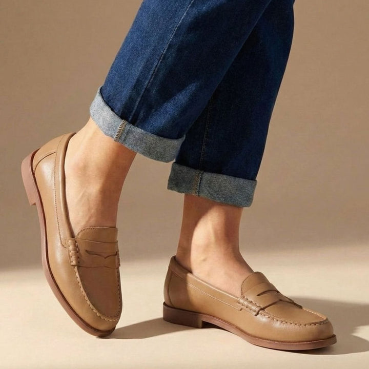 Women's Leather Flats with Handcrafted Penny Details in Khaki