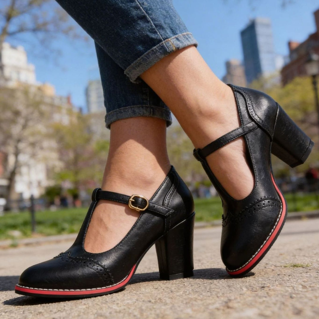 Women's Leather Flats with Retro Block-Heel T-Bar in Black 1