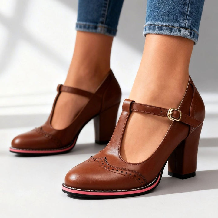 Women's Leather Flats with Retro Block-Heel T-Bar in Brown