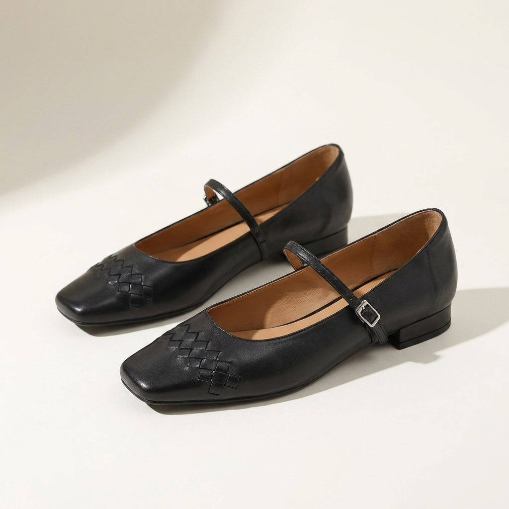 Women's Leather Flats with Retro Buckle Detail in Black 1