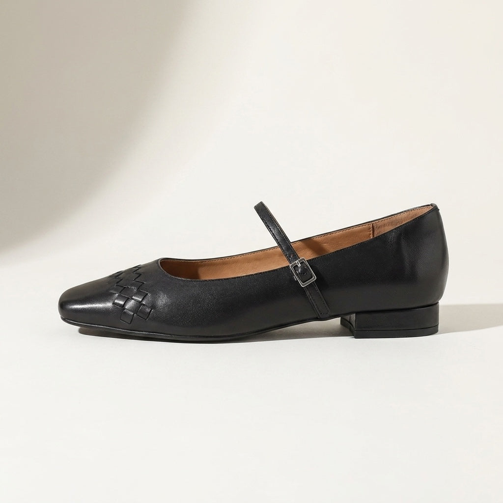 Women's Leather Flats with Retro Buckle Detail in Black 2