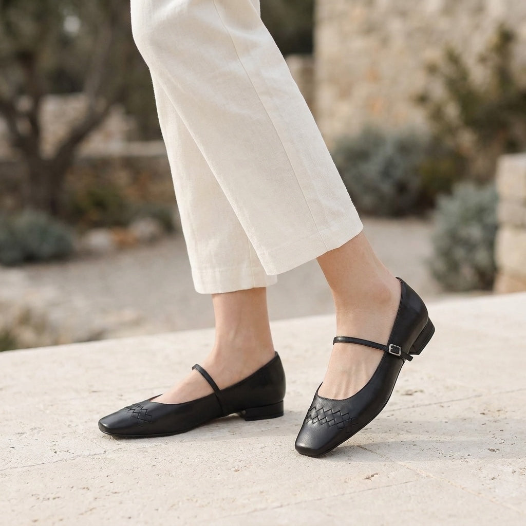 Women's Leather Flats with Retro Buckle Detail in Black 5