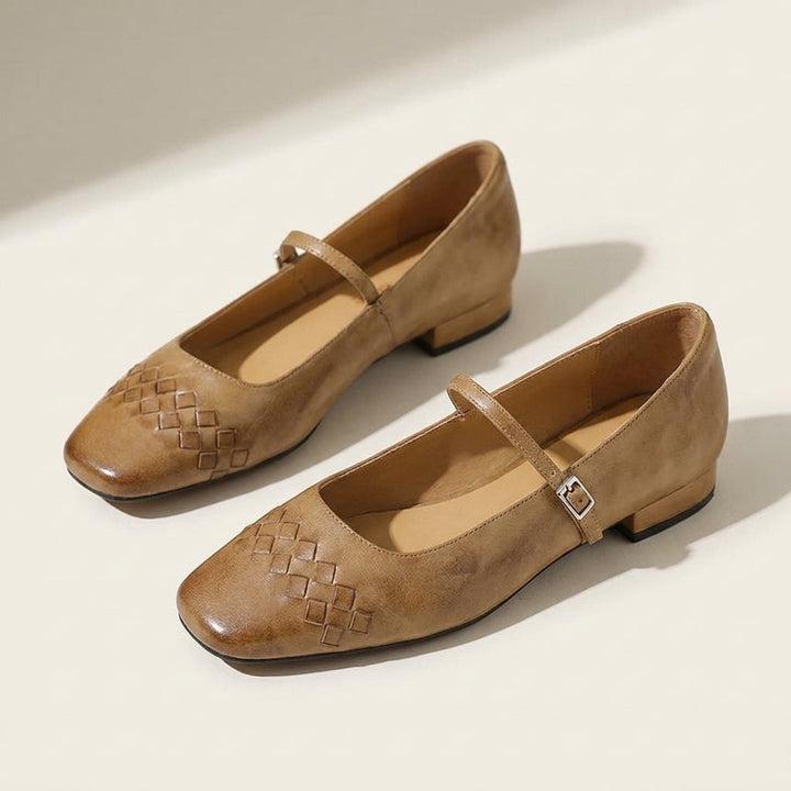Women's Leather Flats with Retro Buckle Detail in Tan
