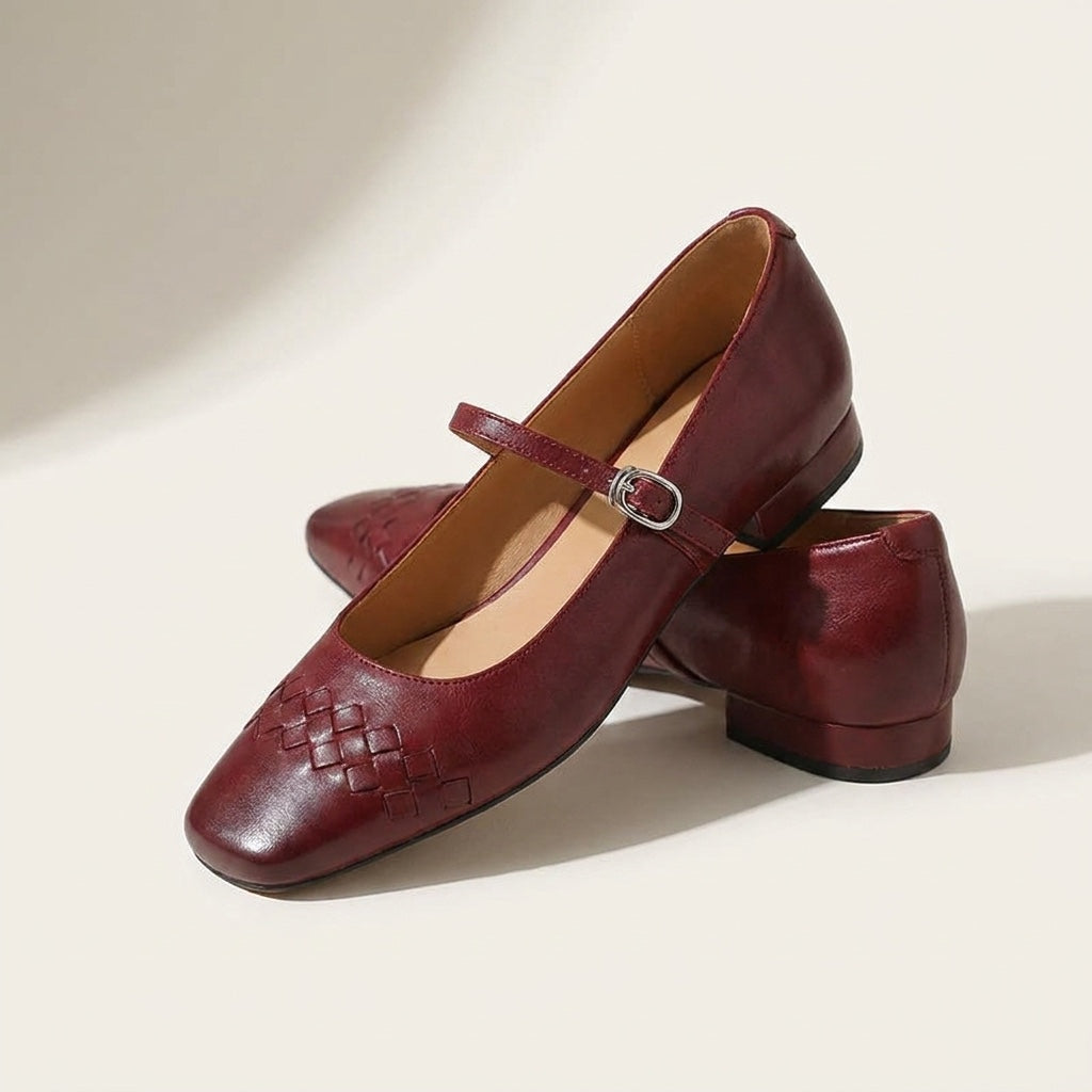 Women's Leather Flats with Retro Buckle Detail in Wine 1