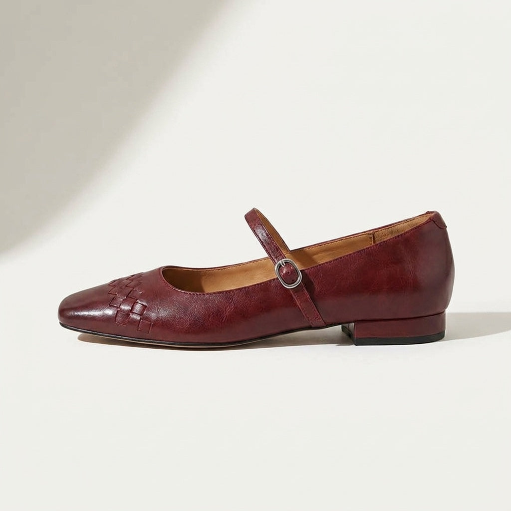 Women's Leather Flats with Retro Buckle Detail in Wine 2