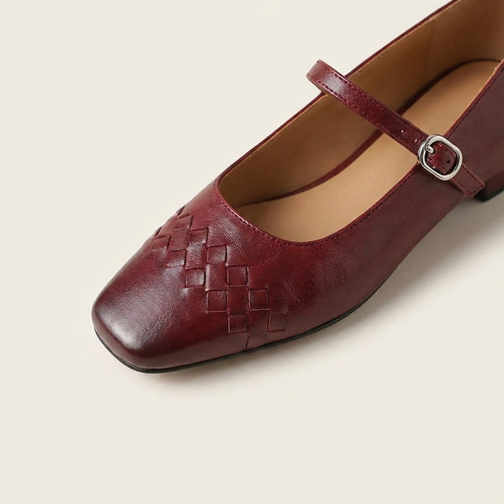 Women's Leather Flats with Retro Buckle Detail in Wine 3