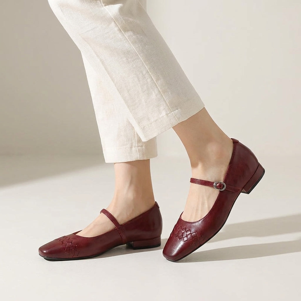 Women's Leather Flats with Retro Buckle Detail in Wine 4