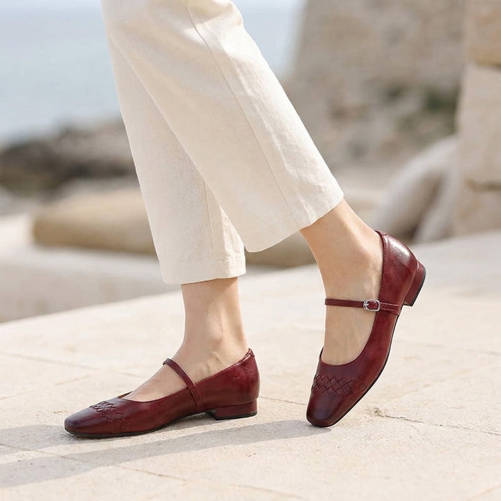 Women's Leather Flats with Retro Buckle Detail in Wine 5