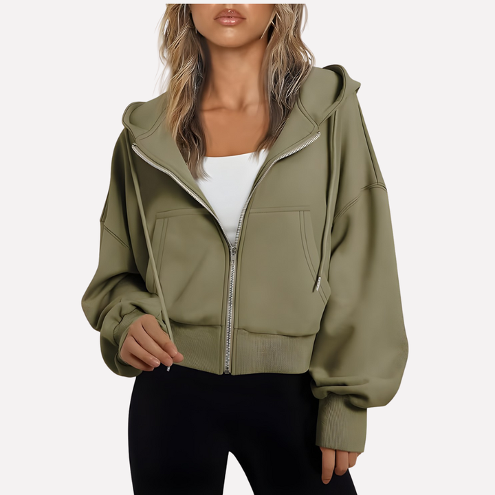 Women's Lightweight Cropped Hoodie for Fall in Olive Green